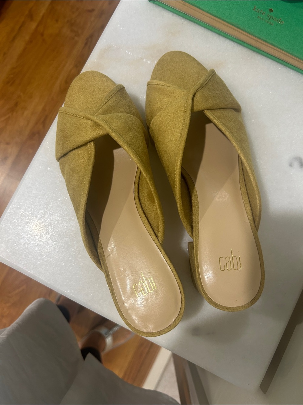 CAbi Olive Mustard Crisscross Slip-On Mules
